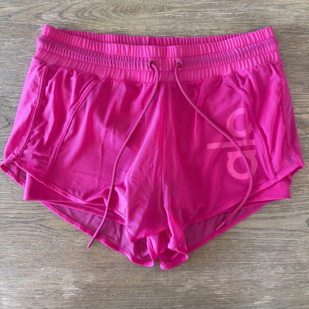 Alo Yoga Ambience Micro Mesh-Overlay Gym Workout Shorts-Lined-Neon Pink-Size XS